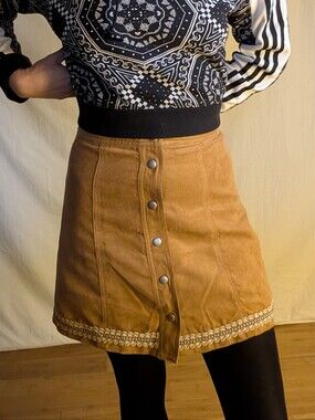 Women's Button-Front Camel Suede Mini Skirt